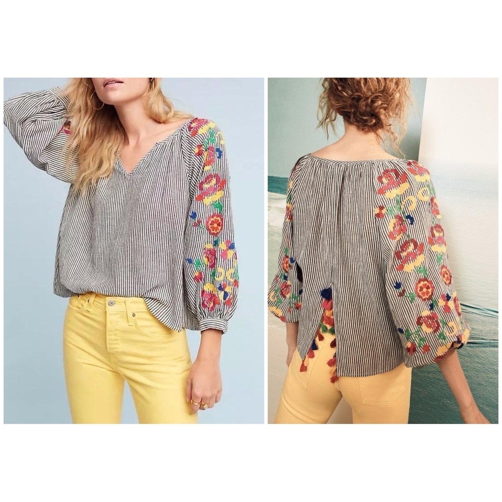 Anthropologie Floreat Striped Floral Embroidered Tassel Blouse Black White M